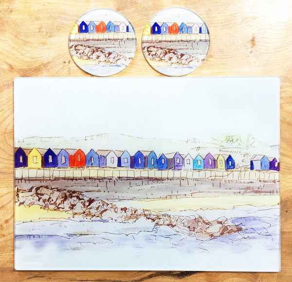 Glass Chopping Board - Beach Huts