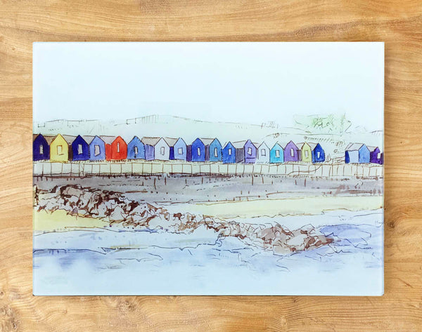 Glass Chopping Board - Beach Huts