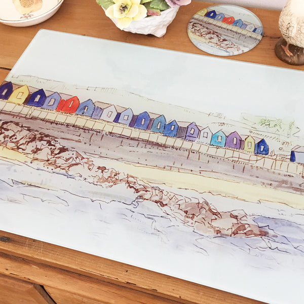 Glass Chopping Board - Beach Huts