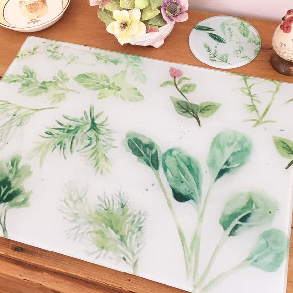Glass Chopping Board - Herb Garden