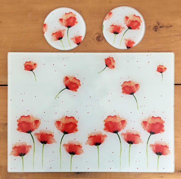 Glass Chopping Board - Red Poppies