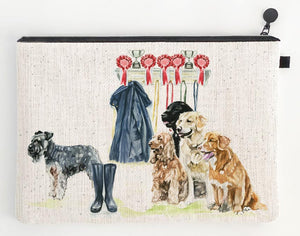 Zipped bag with illustration of dogs, a coat, boots, and ribbons on a white background