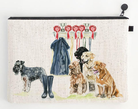 Zipped bag with illustration of dogs, a coat, boots, and ribbons on a white background