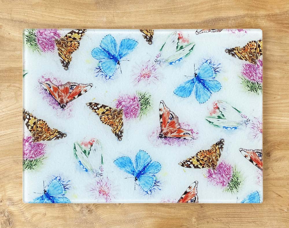 Glass Chopping Board - Country Butterflies
