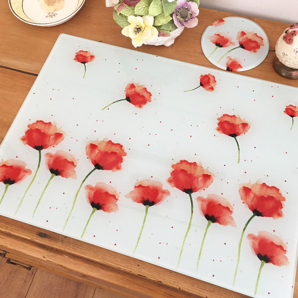 Glass Chopping Board - Red Poppies