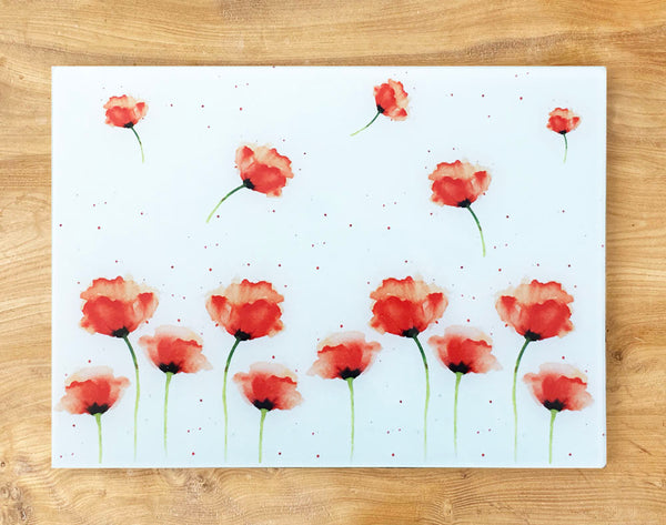 Glass Chopping Board - Red Poppies